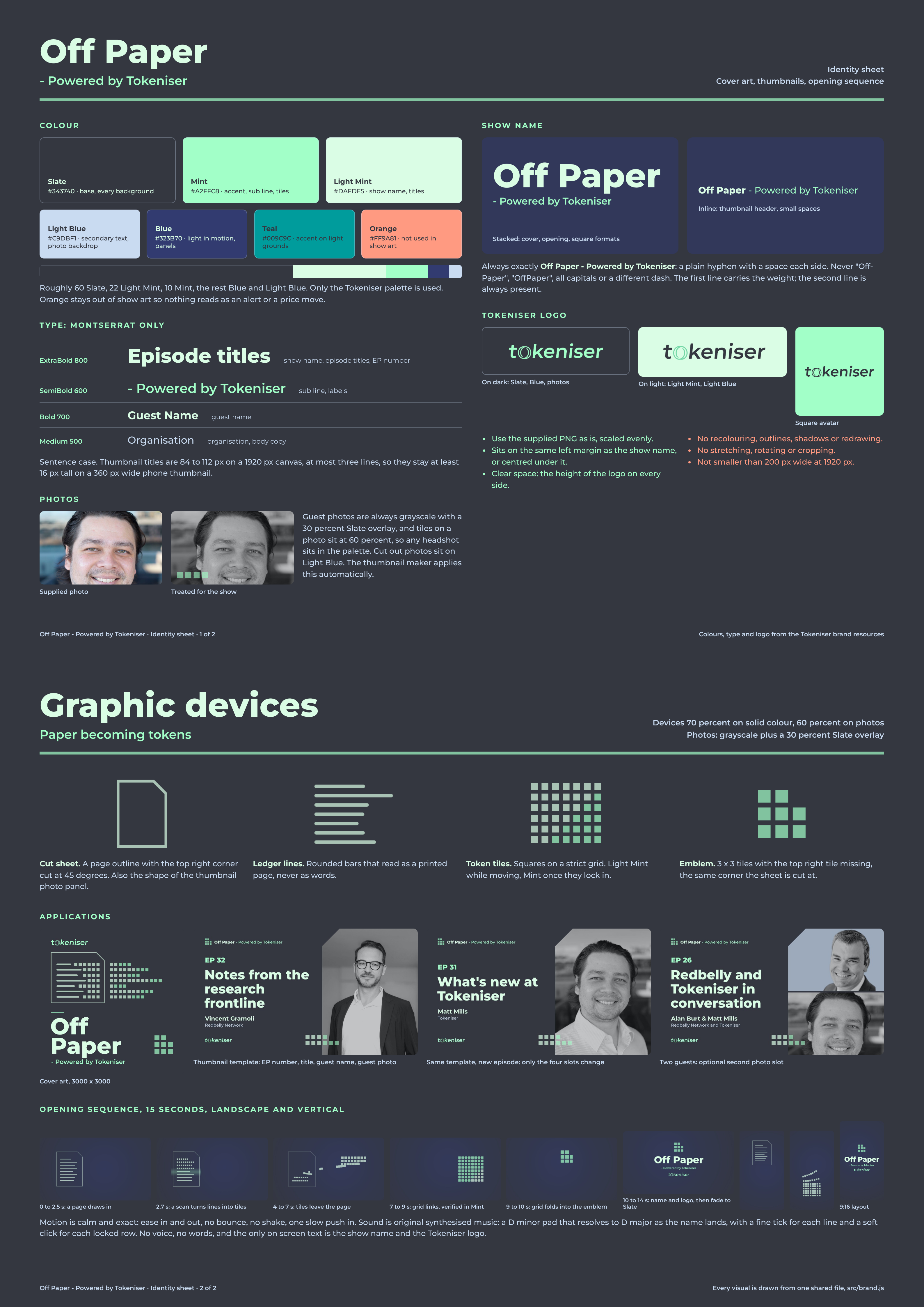 Identity sheet, two pages: colour, type, show name, logo, photos, graphic devices, applications and motion