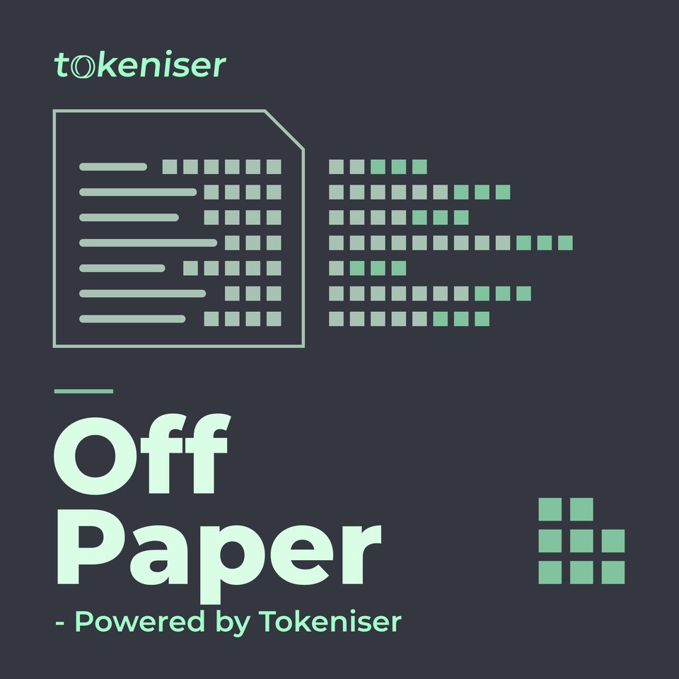 Cover art for Off Paper - Powered by Tokeniser: a page outline whose ledger lines break into Mint tiles, above the show name and Tokeniser logo